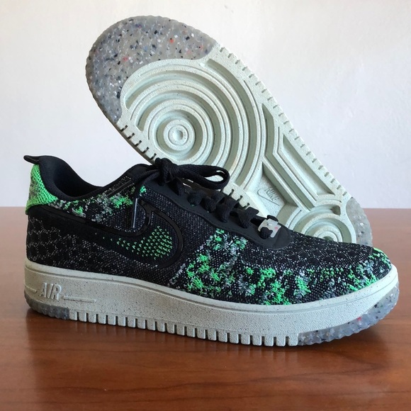 Mens Nike Air Force 1 Low Crater Flyknit Black Scream Green DM0590-002 Size 9.5